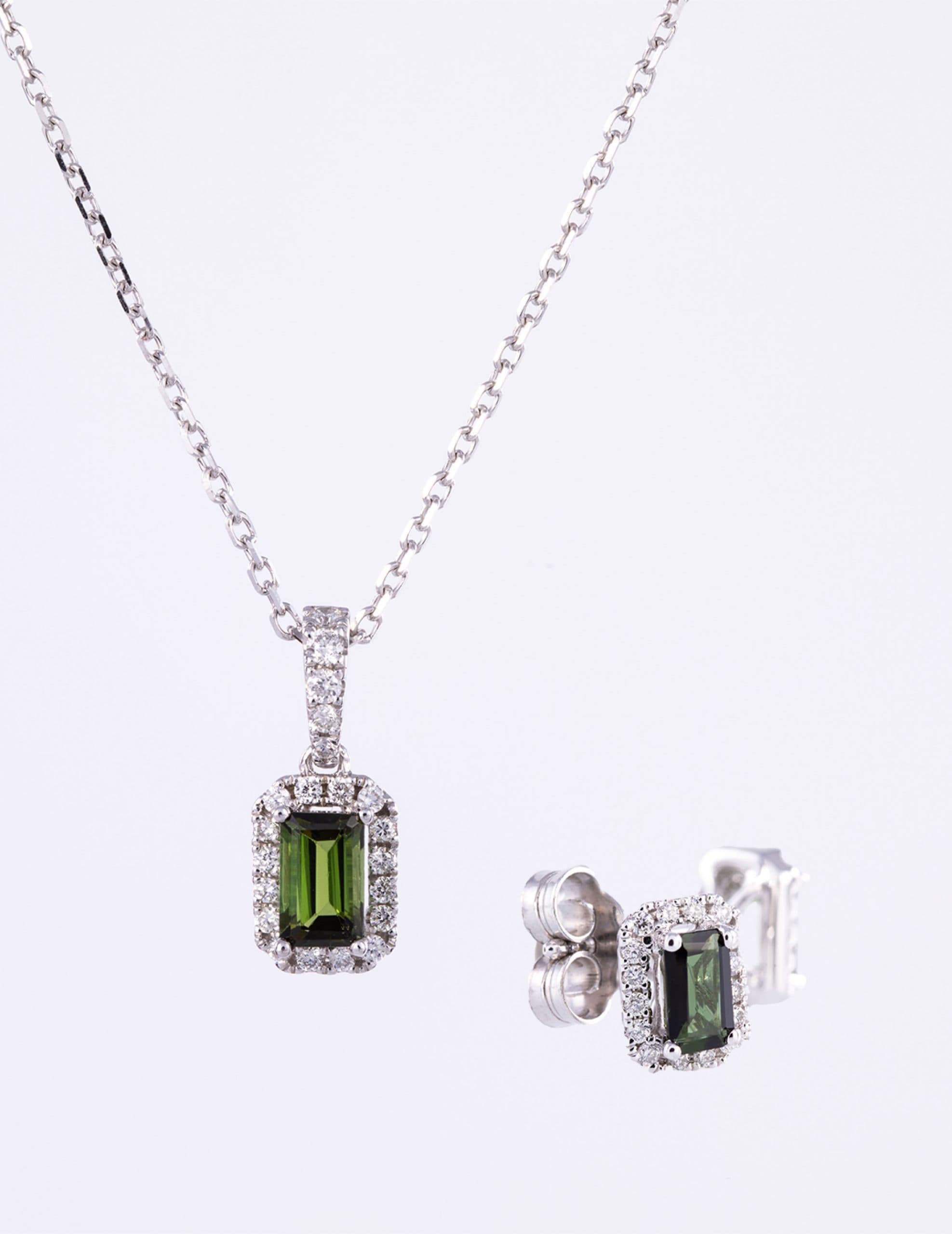 Green Tourmaline and Diamond Necklace and Earrings