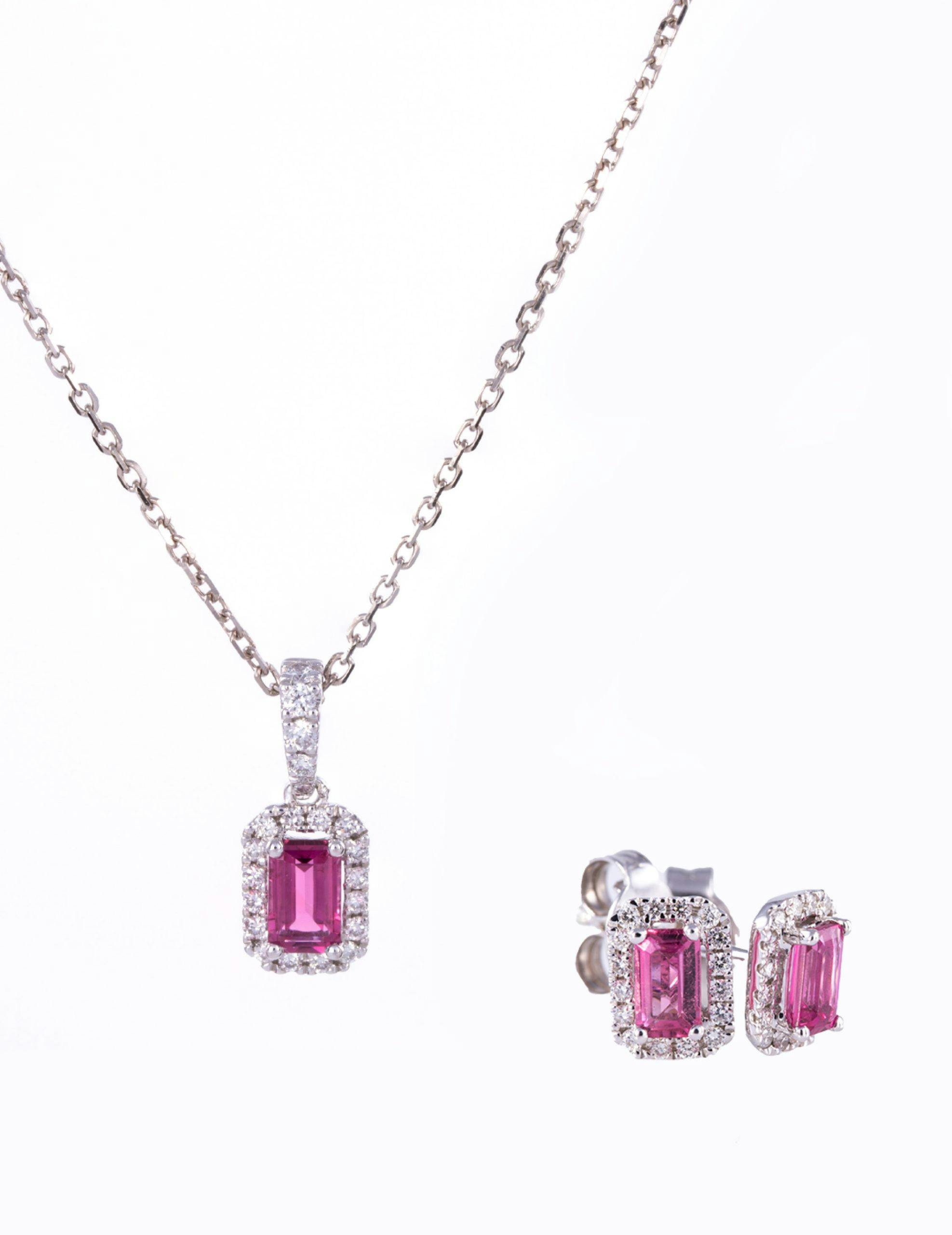 Pink Tourmaline and Diamond Necklace and Earrings