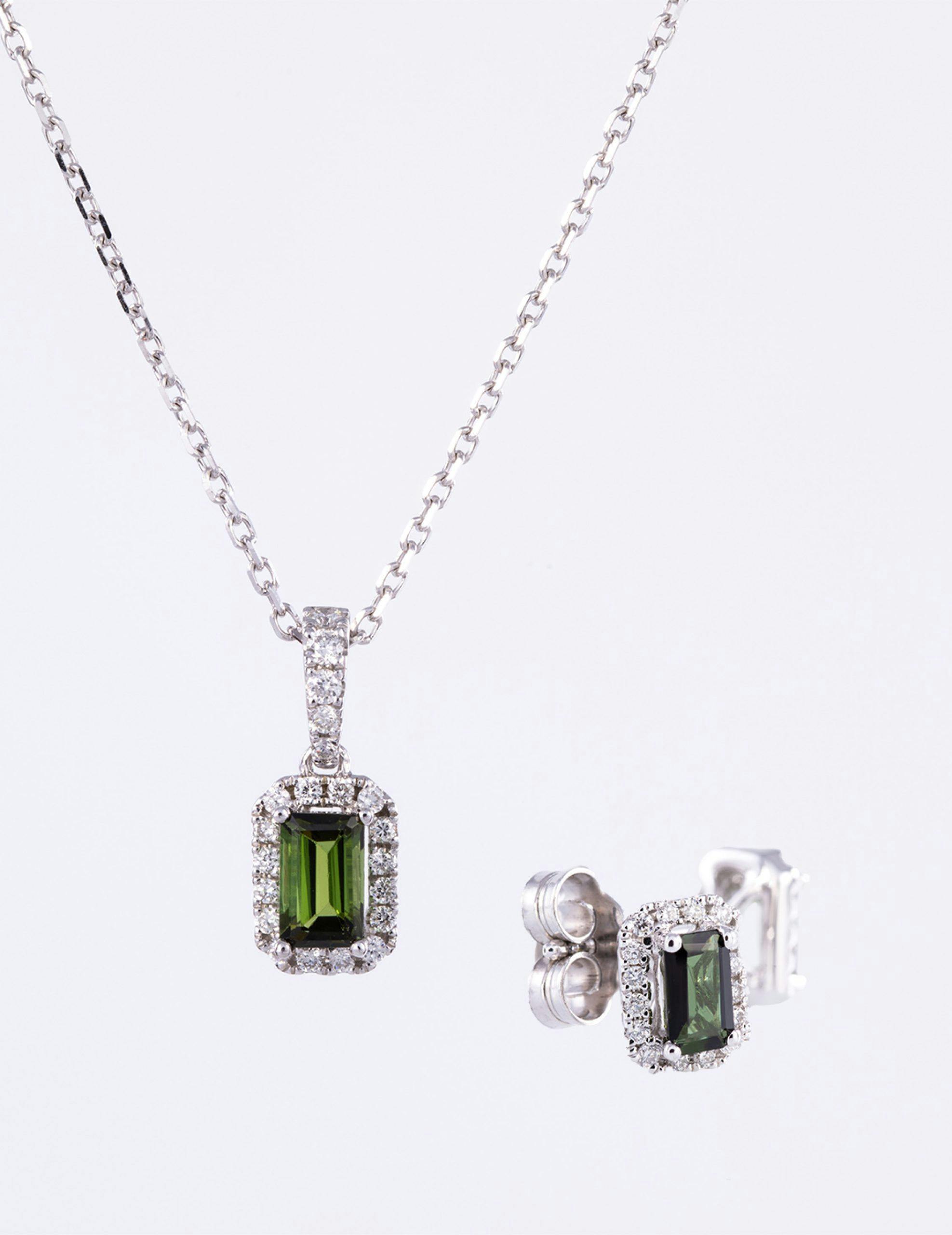 Green Tourmaline and Diamond Necklace and Earrings